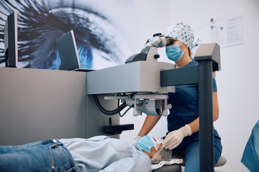 Laser eye surgery at ophthalmology clinic.