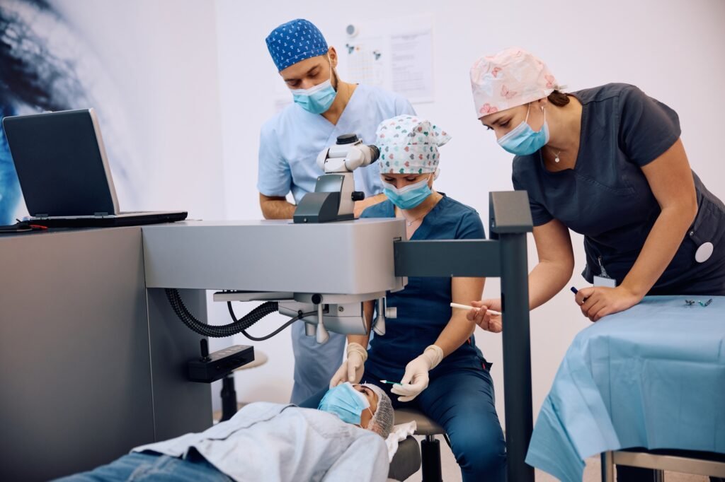 Medical eye experts performing laser surgery on female patient at the clinic.