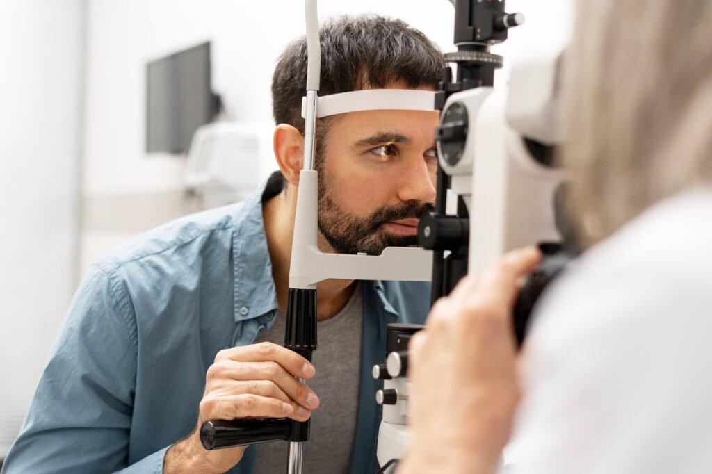 Optometrist examining patient's eyesight with slit lamp biomicroscope in ophthalmology clinic