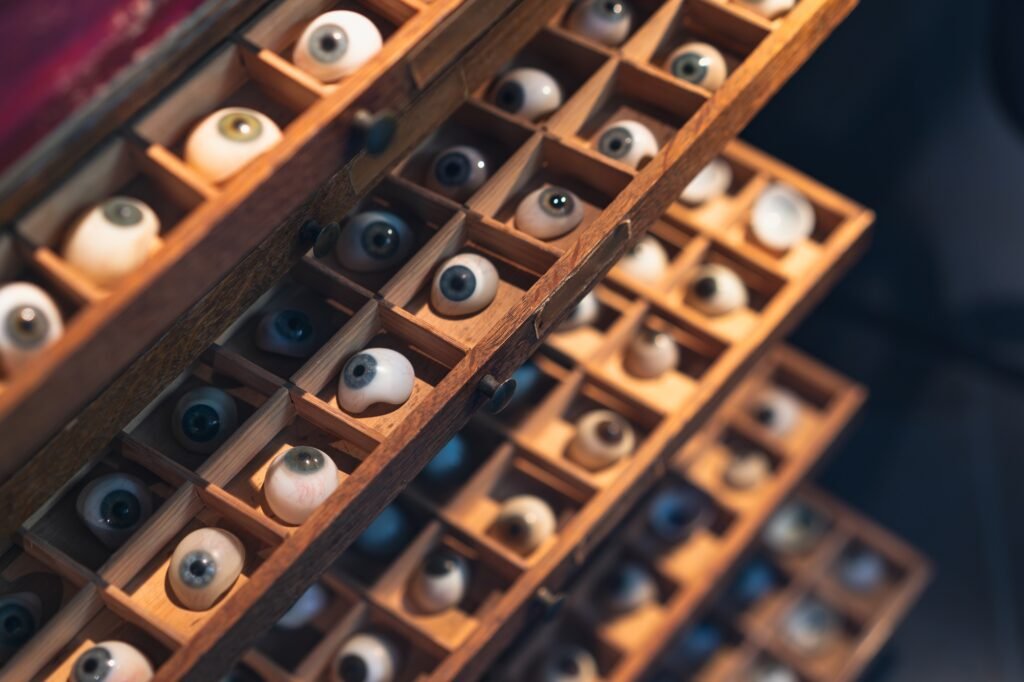 Wooden drawers filled with prosthetic eyeballs